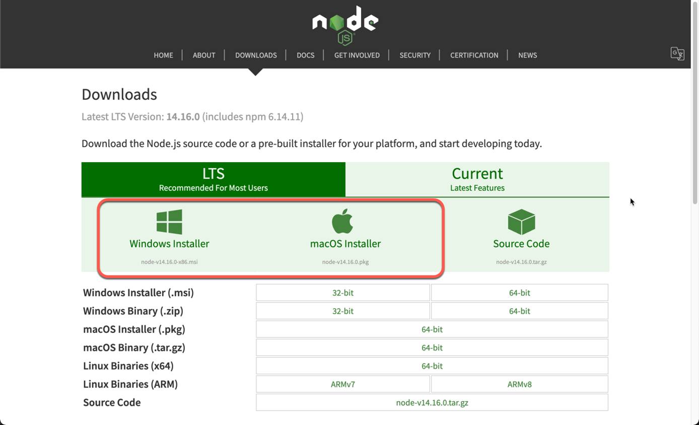 The Node.js downloads page The Node.js downloads page