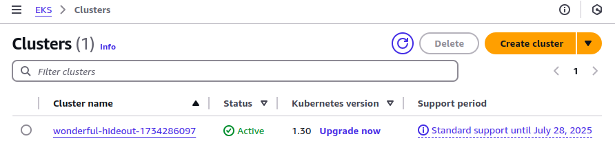 The EKS service page in the AWS Console showing the example cluster name.