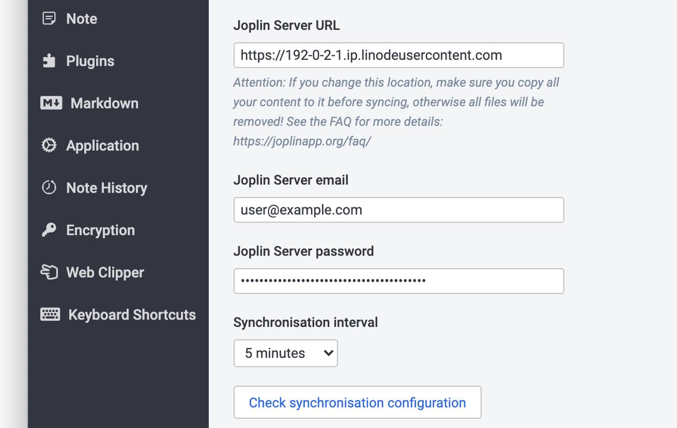 Screenshot of additional synchronization settings Screenshot of additional synchronization settings