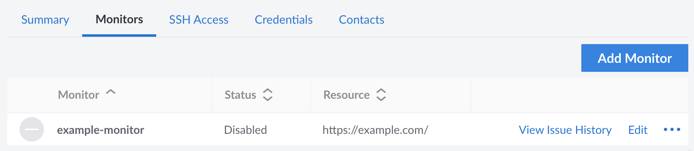 Screenshot of the Monitors tab under Managed Services in Cloud Manager